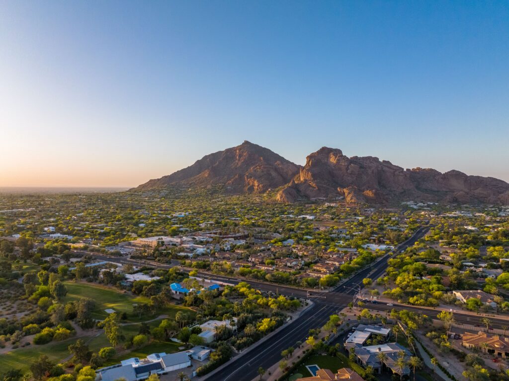 Camelback Mountain at sunrise in Phoenix, Arizona golf course and luxury homes