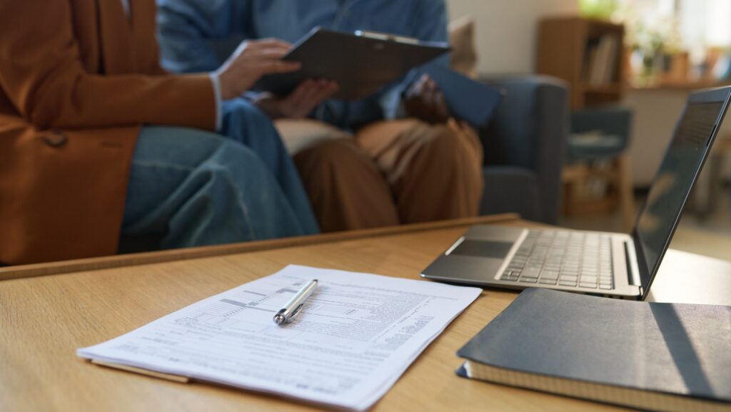 Documents Stack with Pen on Coffee Table