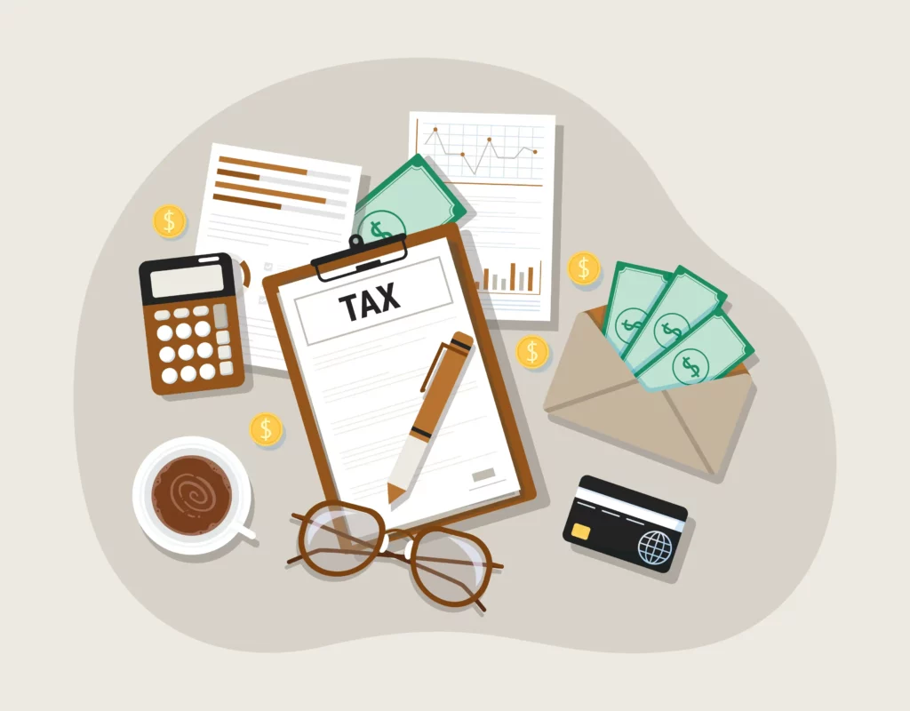 A custom graphic depicting tools used to file taxes. 
