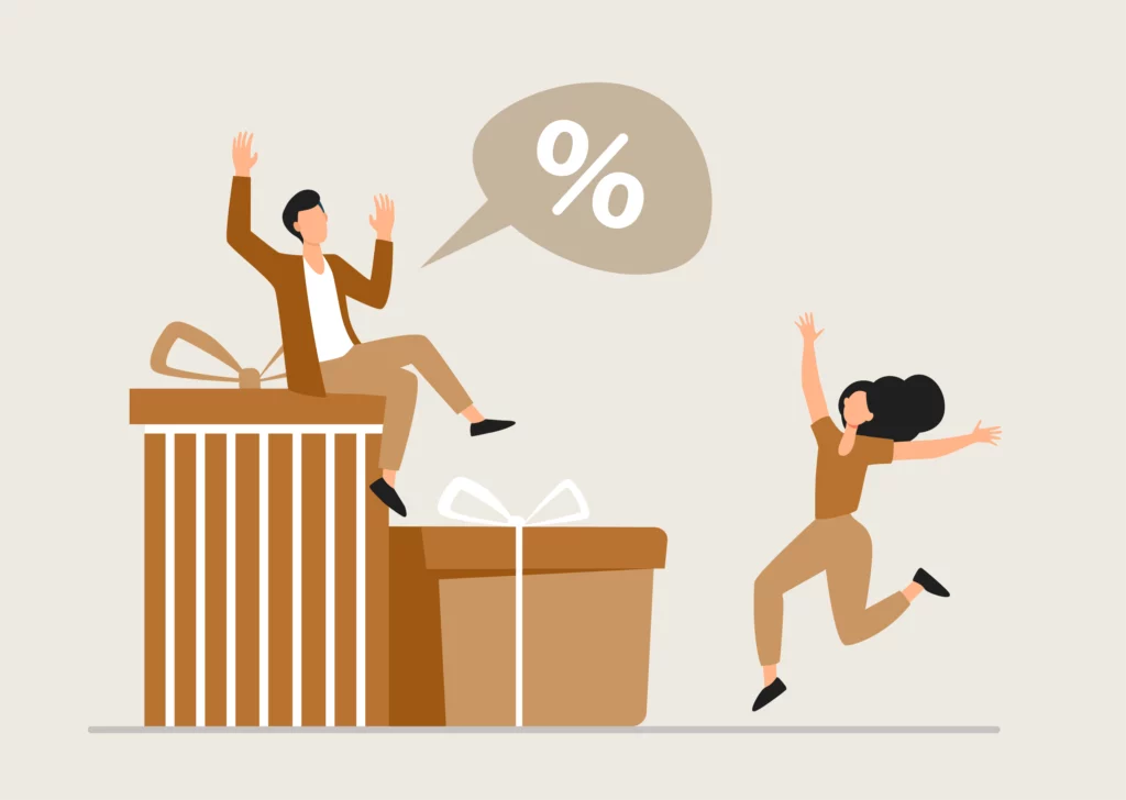 Graphic of two people celebrating a gift.