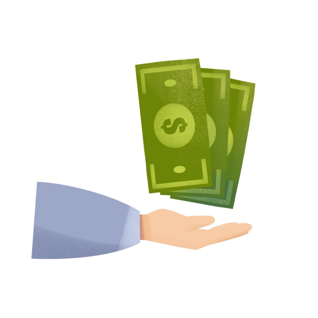 Hand holding or giving dollar banknotes.